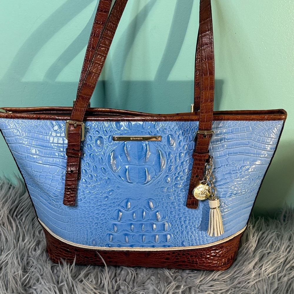 Brahmin Medium Asher Sky Blue and Rich Brown Tote